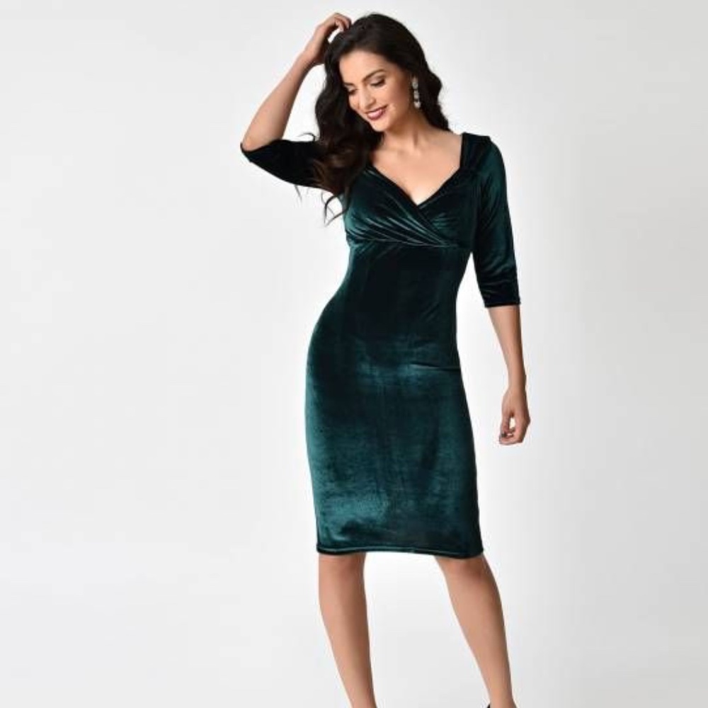 Emerald Green Velvet Retro Dress (S)